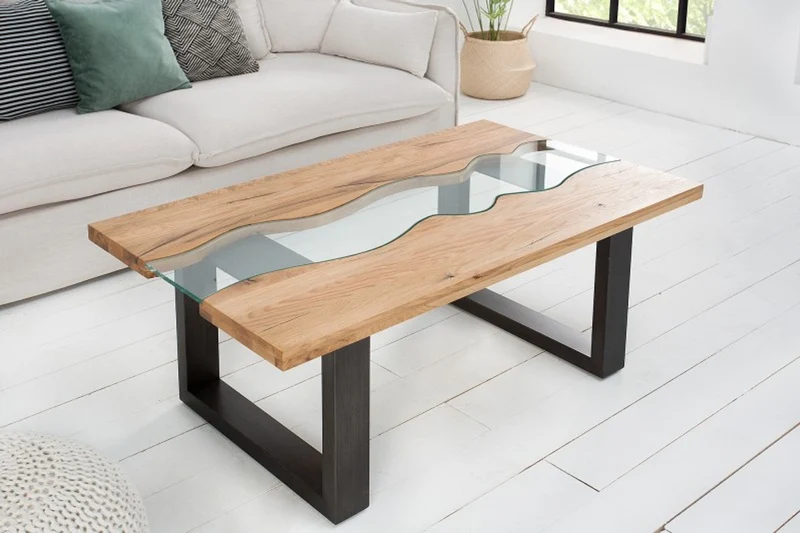 Casa Padrino Designer Massivholz Wildeiche Couchtisch mit Sicherheitsglas Natur 115cm x H. 45cm - Salon Wohnzimmer Tisch