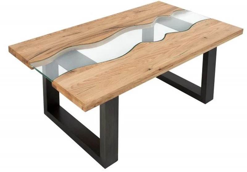 Casa Padrino Designer Massivholz Wildeiche Couchtisch mit Sicherheitsglas Natur 115cm x H. 45cm - Salon Wohnzimmer Tisch