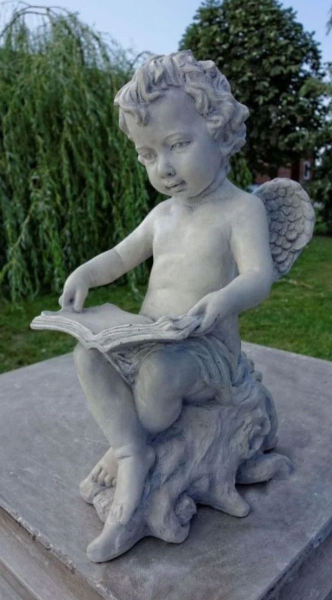 Casa Padrino Jugendstil Skulptur Engel mit Buch Grau 18 x H. 40 cm - Garten Deko Figur