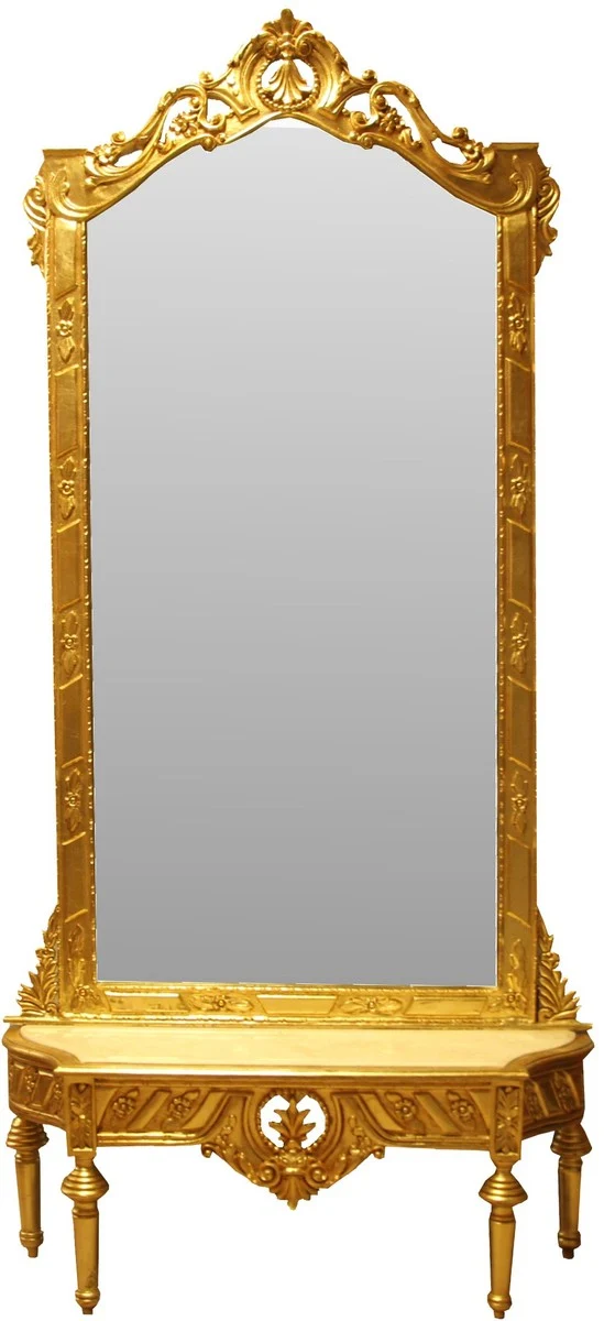 Casa Padrino Barock Spiegelkonsole - Garderobenkonsole Gold mit Marmorplatte und mit schönen Barock Verzierungen auf dem Spiegelglas Mod7 - Antik Look