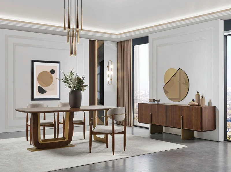 Casa Padrino Luxus Esszimmer Set Grau / Braun / Messing - 1 Luxus Esszimmertisch & 6 Luxus Esszimmerstühle mit Armlehnen - Esszimmer Möbel - Restaurant Möbel - Luxus Möbel - Luxus Einrichtung
