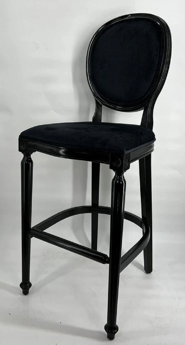 Casa Padrino Barock Barstuhl Schwarz - Handgefertigter Massivholz Barhocker mit edlem Samtstoff - Barock Bar Möbel - Edel & Prunkvoll
