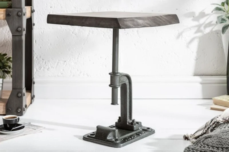 Casa Padrino Industrial Design Beistelltisch Grau 43 x 35 x H. 46 cm - Industrie Stil Metall Tisch mit Massivholz Tischplatte - Industrial Design Möbel