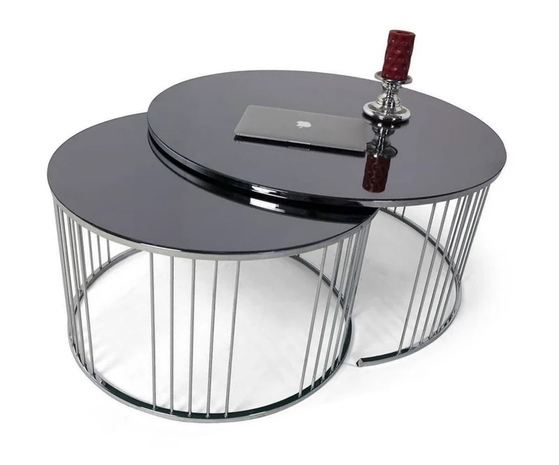 Casa Padrino Luxus Couchtisch Set Silber / Schwarz - 2 runde Wohnzimmertische mit Glasplatte - Wohnzimmer Möbel - Luxus Kollektion