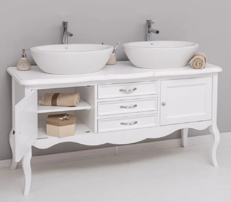 Casa Padrino Landhausstil Massivholz Doppel Waschtisch Weiß 150 cm - Landhausstil Badezimmer Möbel