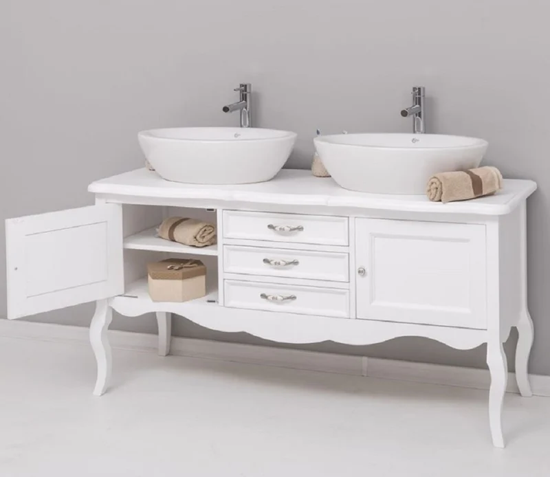 Casa Padrino Landhausstil Massivholz Doppel Waschtisch Weiß 150 cm - Landhausstil Badezimmer Möbel