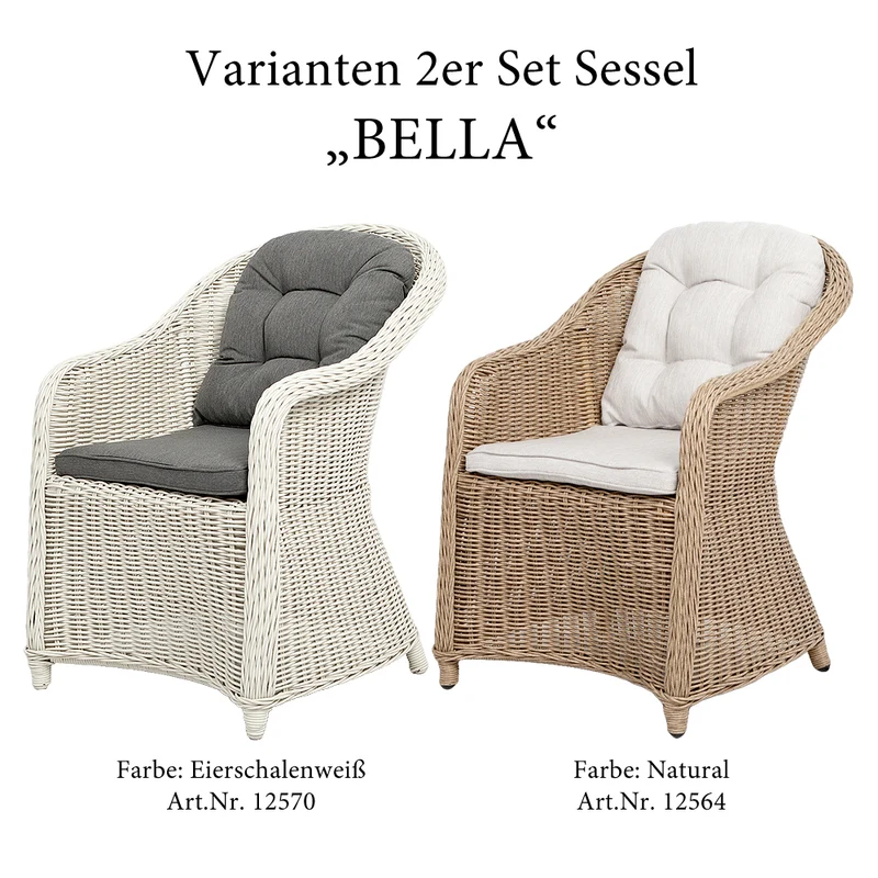 2er Set Sessel BELLA rundes Polyrattan Eierschalenweiß Gartenstuhl