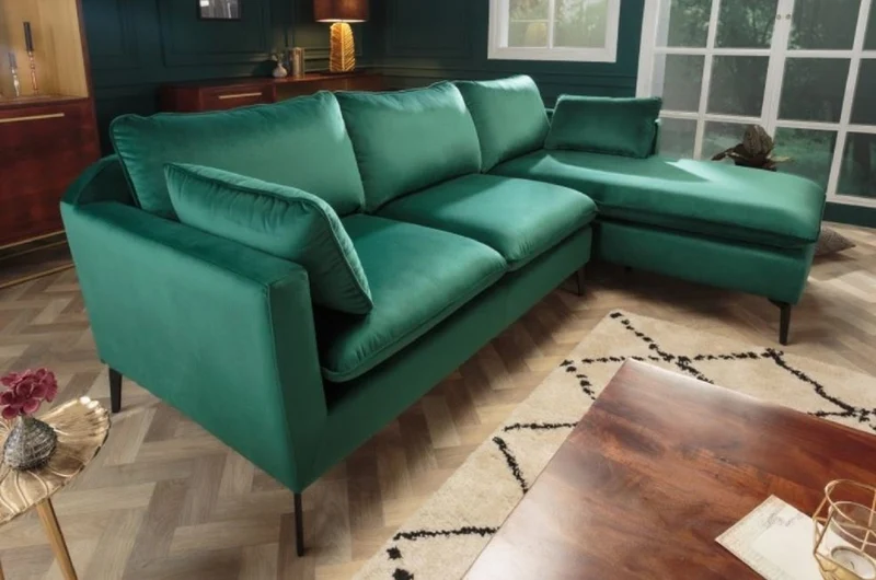 Casa Padrino Samt Ecksofa Smaragdgrün / Schwarz 260 x 160 x H. 93 cm - Wohnzimmer Sofa mit Kissen im Retro Style - Wohnzimmer Möbel
