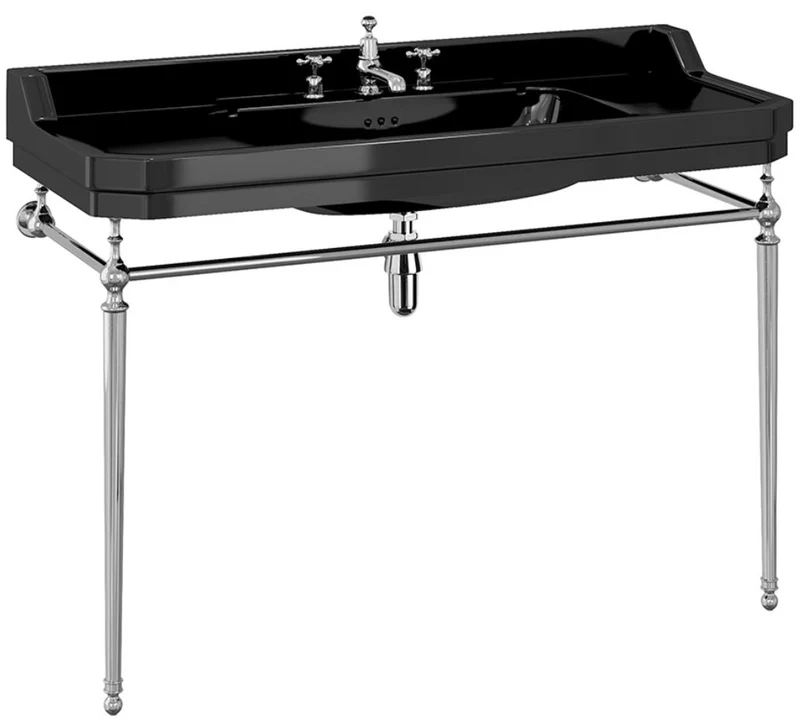 Casa Padrino Luxus Jugendstil Waschtisch Schwarz / Silber 121 x 51 x H. 90 cm - Porzellan 3-Loch Stand Waschbecken mit Untergestell - Badezimmer Möbel