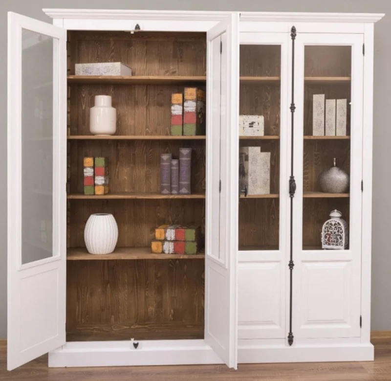 Casa Padrino Landhausstil Vitrine Weiß / Braun 205 x 40 x H. 210 cm - Massivholz Schrank - Wohnzimmerschrank - Vitrinenschrank - Landhausstil Möbel
