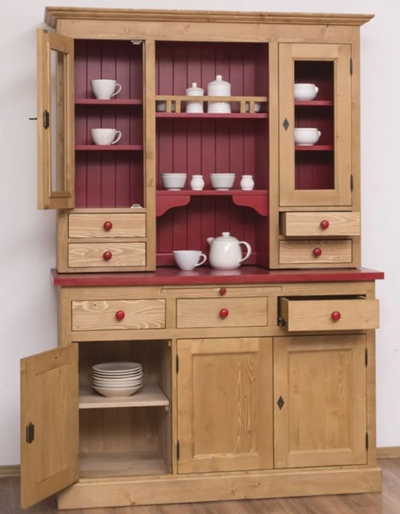 Casa Padrino Landhausstil Küchenschrank Naturfarben / Bordeauxrot 137 x 50 x H. 197 cm - 2 Teiliger Küchenschrank mit 5 Türen und 7 Schubladen - Landhausstil Küchenmöbel