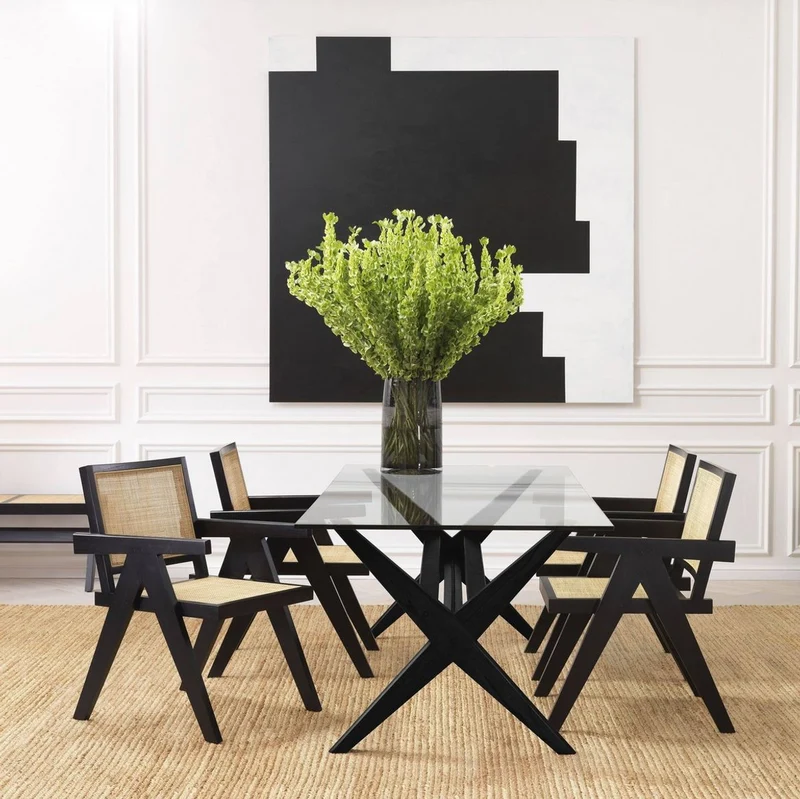 Casa Padrino Luxus Esstisch Schwarz 230 x 100 x H. 77 cm - Massivholz Küchentisch mit Glasplatte - Rechteckiger Esszimmertisch - Luxus Esszimmer Möbel