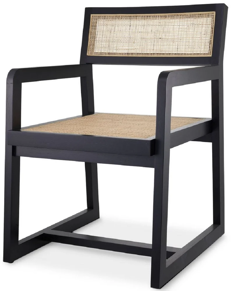 Casa Padrino Luxus Esszimmerstuhl Schwarz / Naturfarben 58,5 x 65,5 x H. 89 cm - Massivholz Stuhl mit Armlehnen und handgewebtem Rattangeflecht - Luxus Esszimmer Möbel