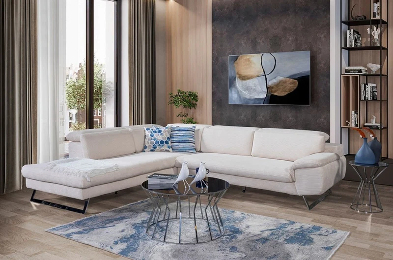 Casa Padrino Luxus Ecksofa mit verstellbaren Rückenlehnen Creme / Silber 305 x 260 cm