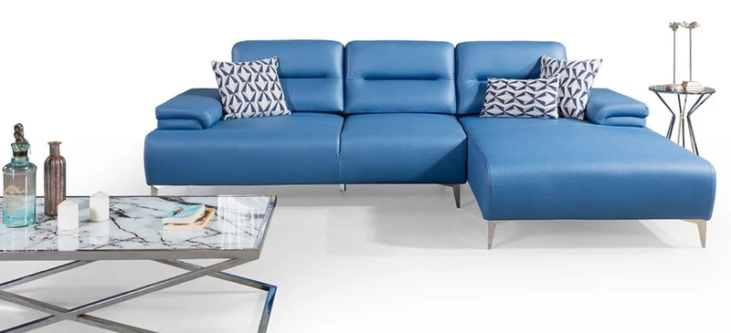 Casa Padrino Luxus Kunstleder Ecksofa Blau / Silber 285 x 182 cm - Wohnzimmer Möbel