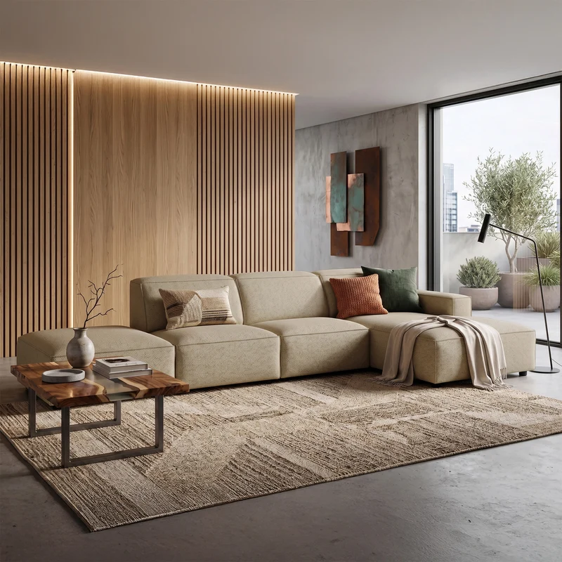 Modulares Ecksofa Sellmo in L-Form mit Pouf, rechtsseitig, dunkelbeige, hydrofober Chenille-Stoff