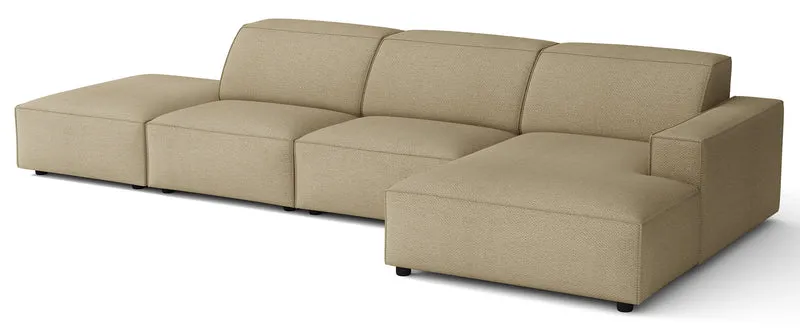 Modulares Ecksofa Sellmo in L-Form mit Pouf, rechtsseitig, dunkelbeige, hydrofober Chenille-Stoff
