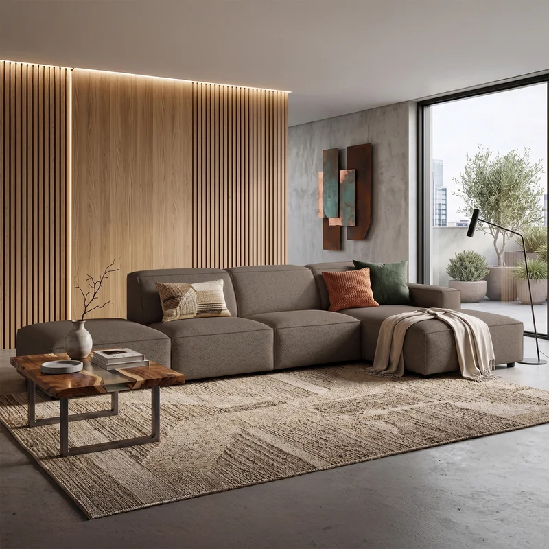 Modulares Ecksofa Sellmo L-förmig mit Ottomane, rechtsseitig, hellbrauner hydrofober Chenillestoff
