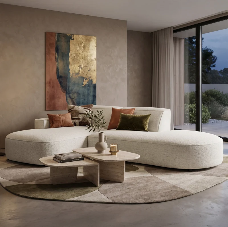Modulares Ecksofa Sallmo, kleines L-förmiges, linksseitiges Modell, cremefarben, hydrophober Chenille-Stoff