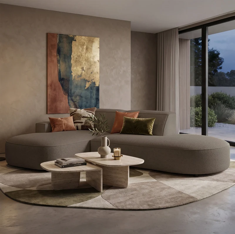 Modulares Ecksofa Sallmo L-förmig klein, linksseitig, hellbrauner hydrophober Chenille-Stoff