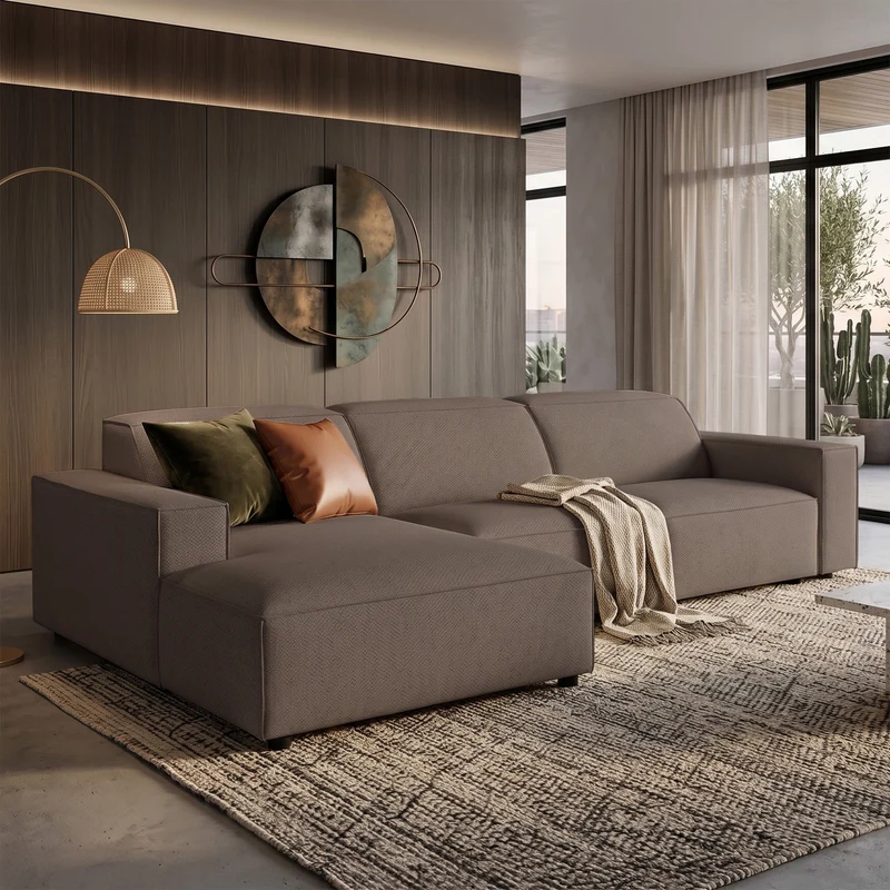 Modulares Ecksofa Sellmo, L-förmig, linksseitig, hellbrauner hydrophober Chenille-Stoff