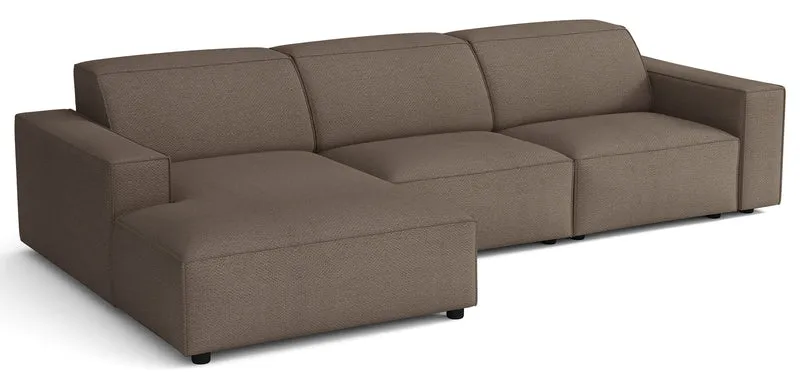Modulares Ecksofa Sellmo, L-förmig, linksseitig, hellbrauner hydrophober Chenille-Stoff