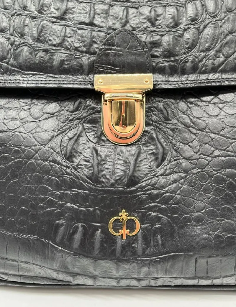 Casa Padrino Luxus Echtleder Herren Aktentasche in Kroko Optik Schwarz / Gold 42 cm - Made in Italy
