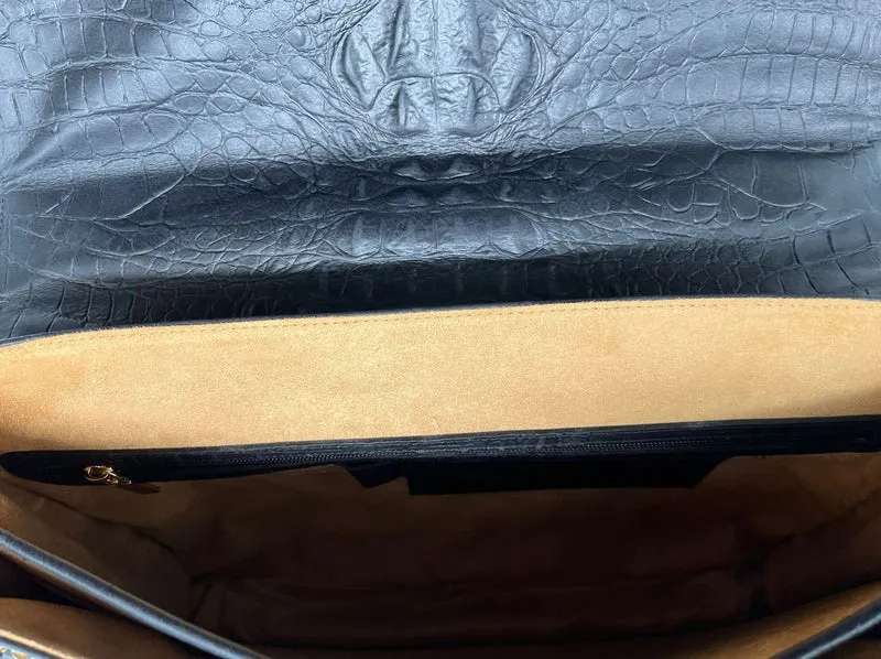 Casa Padrino Luxus Echtleder Herren Aktentasche in Kroko Optik Schwarz / Gold 42 cm - Made in Italy