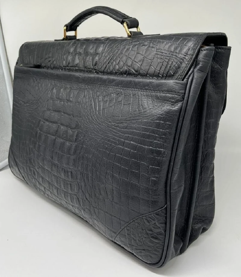Casa Padrino Luxus Echtleder Herren Aktentasche in Kroko Optik Schwarz / Gold 42 cm - Made in Italy