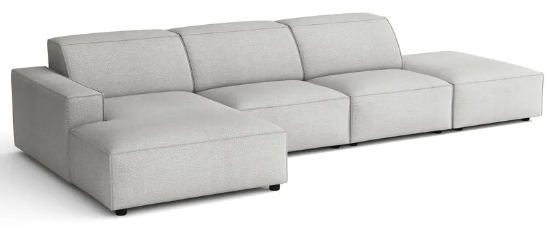Modulares Ecksofa Sellmo, L-förmig mit Pouf, linksseitig, hellgrauer hydrophober Chenillestoff