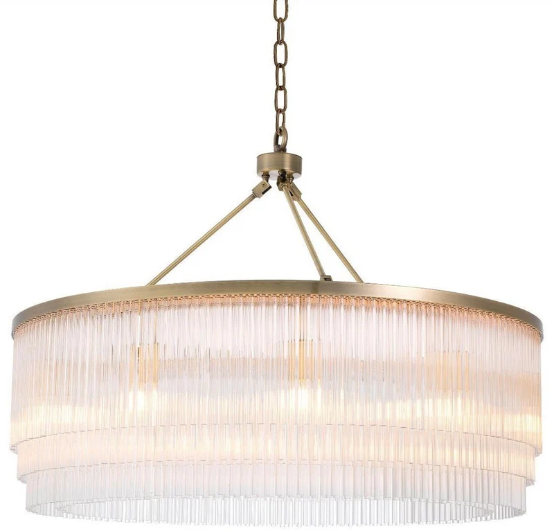 Casa Padrino Luxus Kronleuchter Messingfarben Ø 90 x H. 61 cm - Runder Metall Kronleuchter mit eleganten Glasstäben - Hotel & Restaurant Kronleuchter