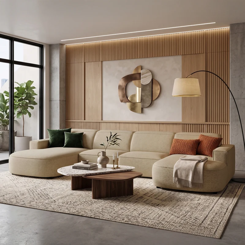 Modulares Ecksofa Sallmo U-förmig universal, dunkelbeige, hydrophober Chenillestoff