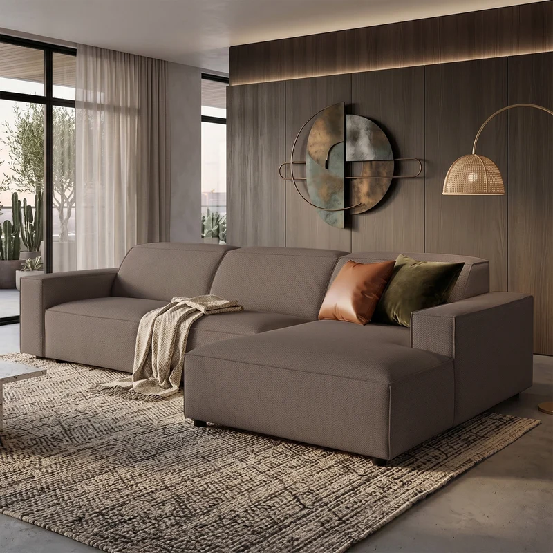 Modulares Ecksofa Sellmo, L-förmig, rechtsseitig, hellbrauner hydrophober Chenille-Stoff