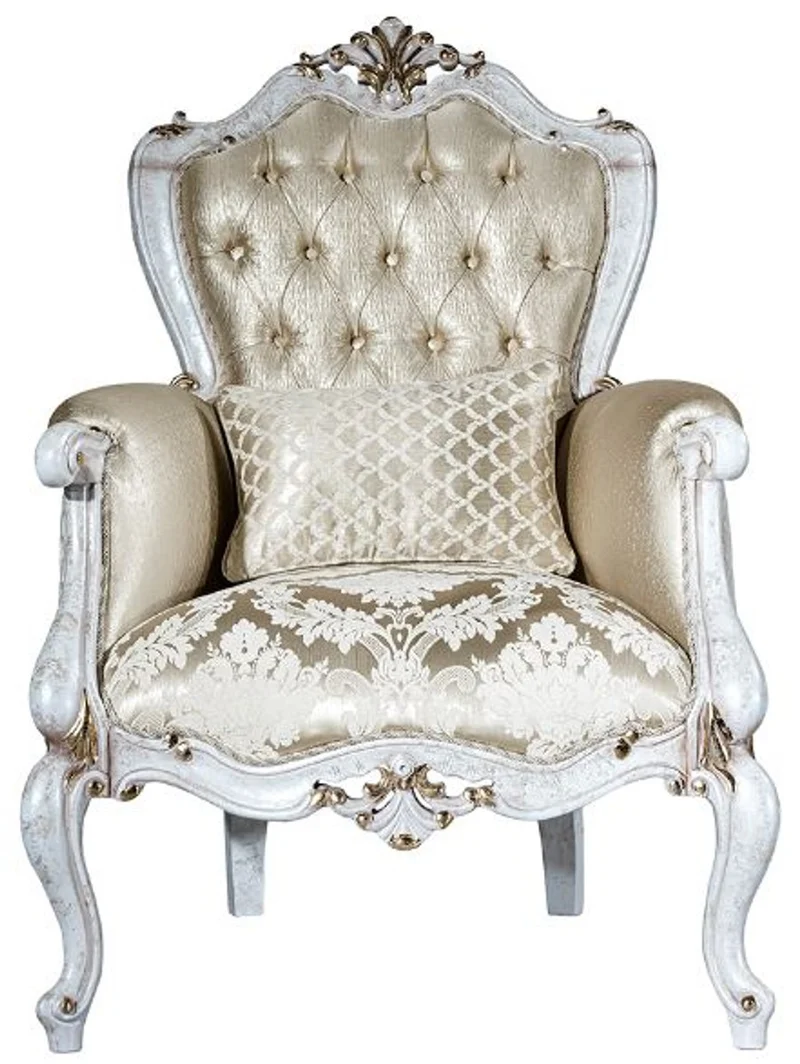 Casa Padrino Luxus Barock Sessel Gold / Antik Weiß / Gold 80 x 80 x H. 116 cm - Wohnzimmer Sessel mit elegantem Muster und dekorativem Kissen - Barock Wohnzimmer Möbel