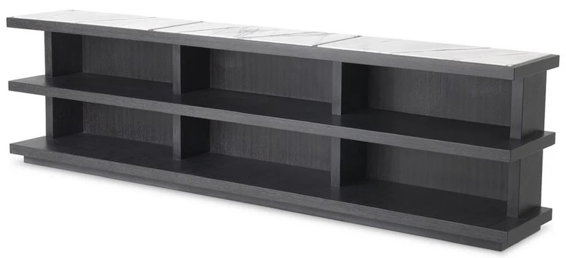Casa Padrino Luxus Konsole Anthrazitgrau / Weiß / Fliederfarben 220 x 35 x H. 60,5 cm - Edler Konsolentisch mit 3 Regalen und Marmorplatten - Massivholz Regalschrank - Luxus Wohnzimmer Möbel