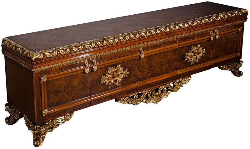 Casa Padrino Luxus Barock Möbel Set Braun / Gold - Edler Massivholz TV Schrank mit 2 Vitrinen - Barock Wohnzimmer Möbel