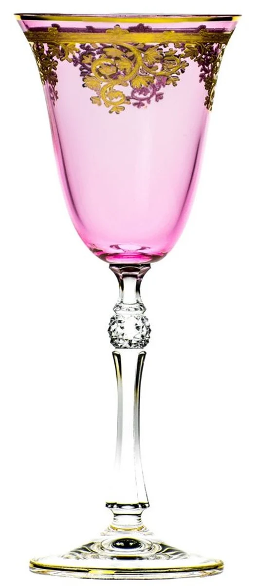 Casa Padrino Luxus Barock Weinglas 6er Set Rosa / Gold Ø 9 x H. 21,5 cm - Handgefertigte gravierte und handbemalte Weingläser - Hotel & Restaurant Accessoires - Luxus Qualität