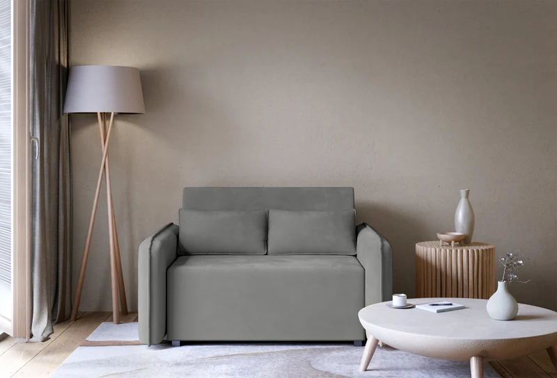 Zweisitziges Schlafsofa Duelia mit Stauraum, dunkelgrauer hydrophober Chenillebezug