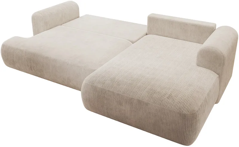 Ovo Cord Ecksofa mit Schlaffunktion, L-förmig, rechtsseitig, mit Stauraum, hellbeiger Cordstoff