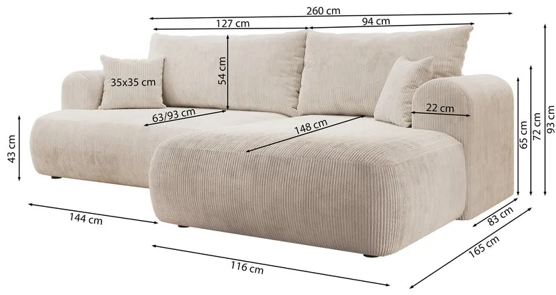 Ovo Cord Ecksofa mit Schlaffunktion, L-Form, linksseitig, mit Stauraum, hellbeige Cordstoff