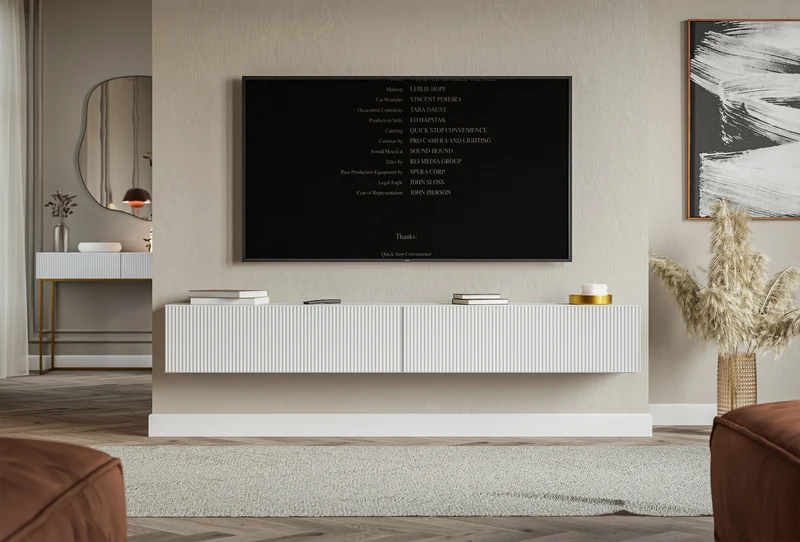 Hängender TV-Schrank Veldio mit zwei Türen und gerillter Front, 200 cm, weiß