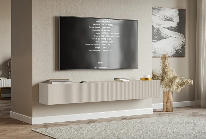 Hängender TV-Schrank Veldio mit zwei Türen und gerillter Front, 200 cm, weiß