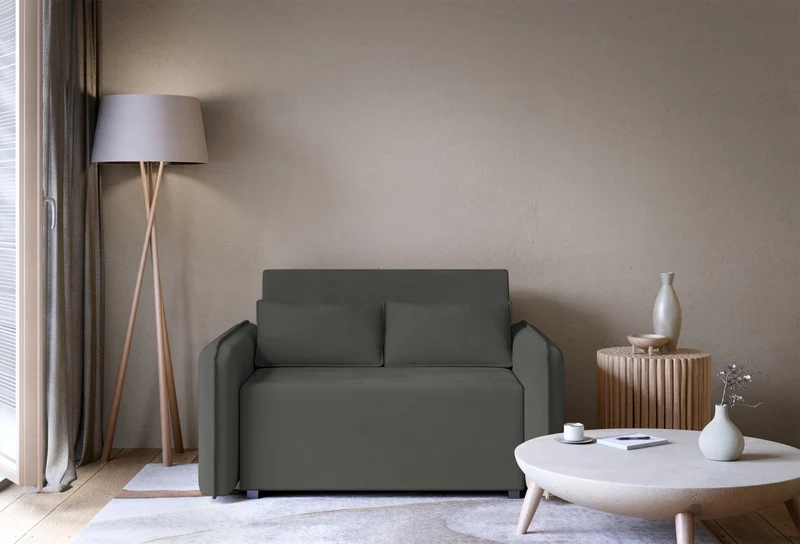 Zweisitziges ausklappbares Sofa Duelia mit Stauraum, graphitfarben, hydrophobes Chenille