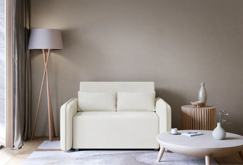 Zweisitziges ausklappbares Sofa Duelia mit Stauraum, cremefarben, hydrophobes Chenille