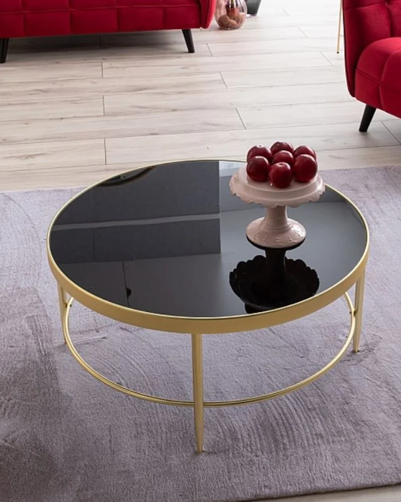 Casa Padrino Luxus Couchtisch Matt Gold / Schwarz Ø 82 x H. 40 cm - Runder Wohnzimmertisch mit Glasplatte - Wohnzimmer Möbel