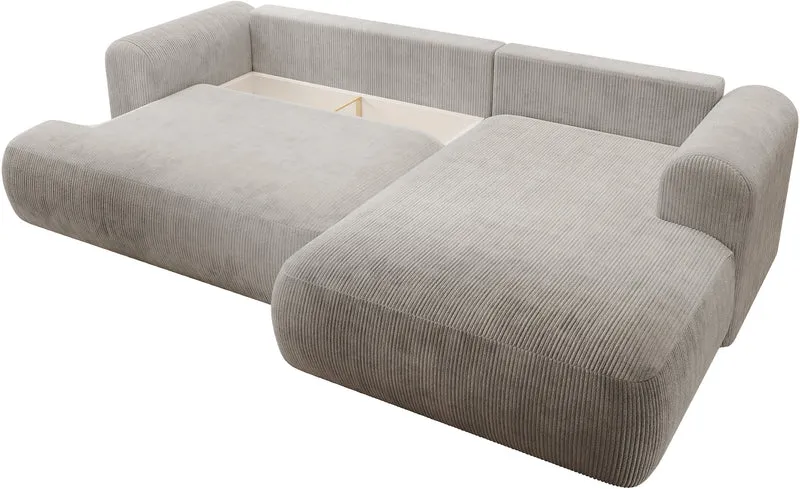 Ovo Cord Ecksofa mit Schlaffunktion, L-Form, rechtsseitig, mit Stauraum, grau-beiger Cordstoff