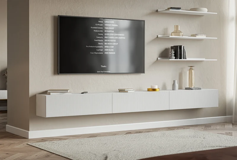 Hängender dreitüriger Veldio TV-Schrank mit geriffelter Front, 300 cm, grau-beige