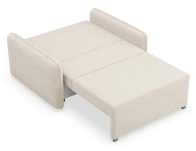 Zweisitziges ausklappbares Sofa Duelia mit Aufbewahrungsfach, hellbeiger hydrophober Chenillestoff