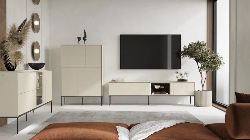 TV-Schrank Bellezo mit LED-Vitrine 166 cm cremefarben