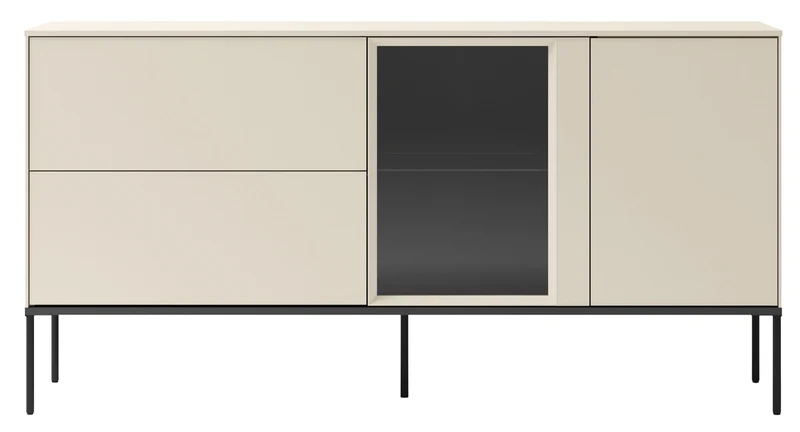 Einflügelsideboard Bellezo mit LED-Vitrine und zwei Schubladen, 166 cm, cremefarben